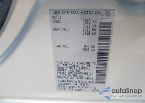 2024 Nissan Altima Sv Fwd z USA, uszkodzony, nr VIN 1N4BL4DVXRN356880